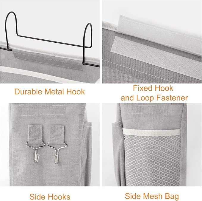 Surblue Bedside Caddy Bedside Storage Bag Hanging Organizer for Bunk, Hospital Beds, Dorm Rooms Bed Rails Camp 4 Pockets and 2 Hooks (Grey)