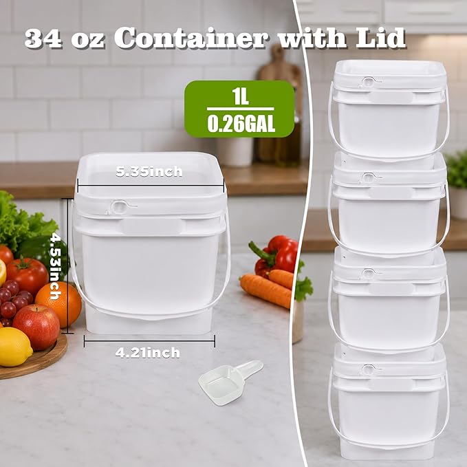 DEMORA 34oz Food Grade Square Plastic Bucket with Lid, Airtight Storage Container, Reusable Pail for Kitchen Food Water Ice Cream Household Use (White, 6Pcs)