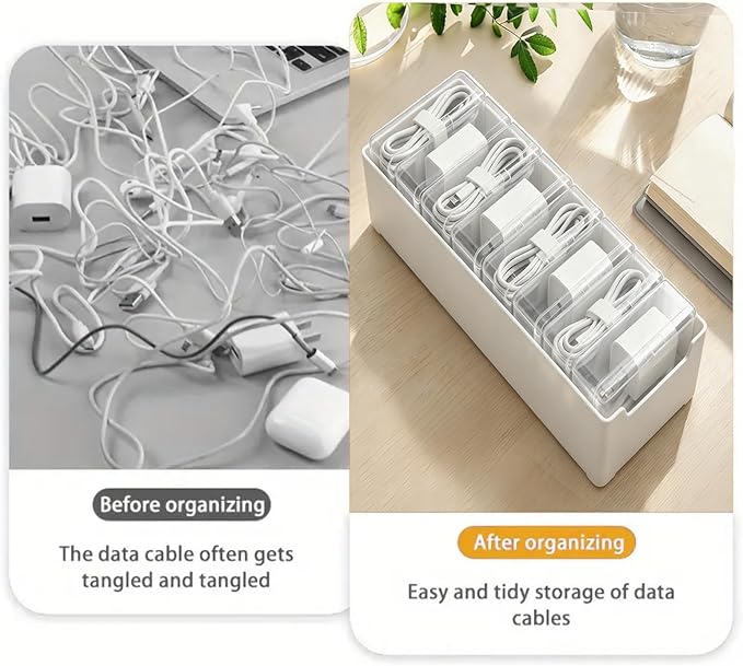 Cable Organizer Storage Box with 8 Wire Ties and Label Stickers,Desktop Charger Cable Management Box with Switch, Cord Organizer for Office,Home,Desk Accessories Storage Stationery Supplies（Clear）