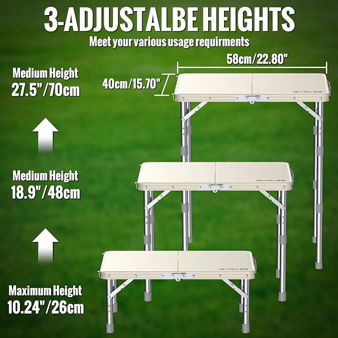 GARLLEN Waterproof Camping Table with High-Density Plastic Tabletop, Portable Folding Picnic Table with 3 Adjustable Height, Aluminum Frame Outdoor Table for BBQ, Camping, Indoor Use, 22.8"L x 15.7"W