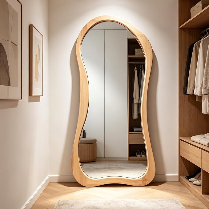 Large Irregular Mirror, 67"x31.5" Asymmetrical Full Length Mirrors with Solid Wood Frame, Organic Aesthetic Floor Mirror for Living Room Entryway Hallway Cloakroom, Leaning/Hanging