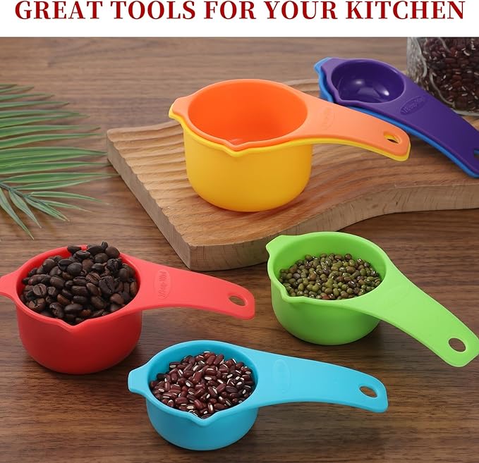 Plastic Measuring Cups Set, 7 Pcs Rainbow Color Dry Measuring Cups Portable Food Measuring Cups Portion Control Nesting Measuring Cups for Baking and Kitchen