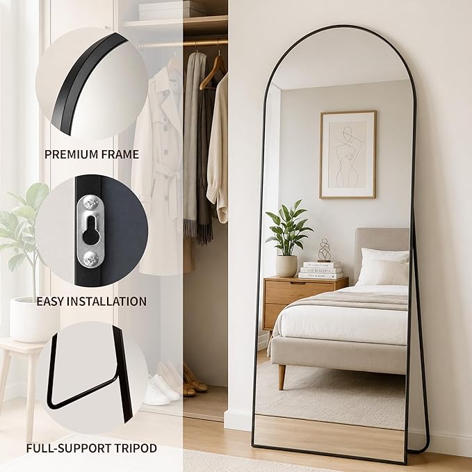 MISSDAY Large Arched Full Length Mirror, 71"x28" Oversized Full Body Mirror with Stand, Floor Mirror Long Free Standing, Leaning or Hanging, Frame Wall-Mounted Mirrors Wall Mirrors for Bedroom, Black