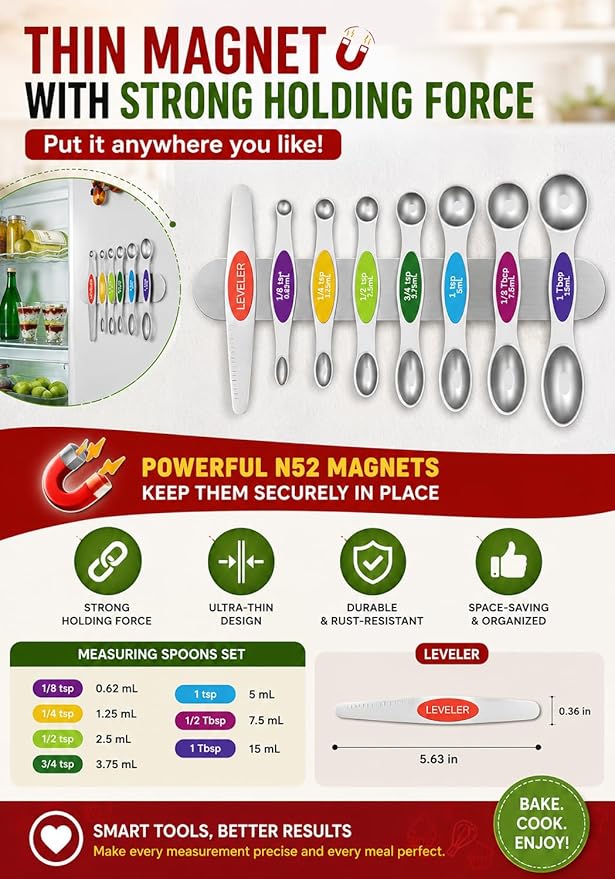 Premium Magnetic Measuring Spoons Set|Strong N52 Magnets|Heavy Duty Stainless Steel|Dual-Sided for Spice Jar & Liquid Measuring|Dishwasher Safe|7 Spoons with Leveler for Baking & Cooking (Colorful)