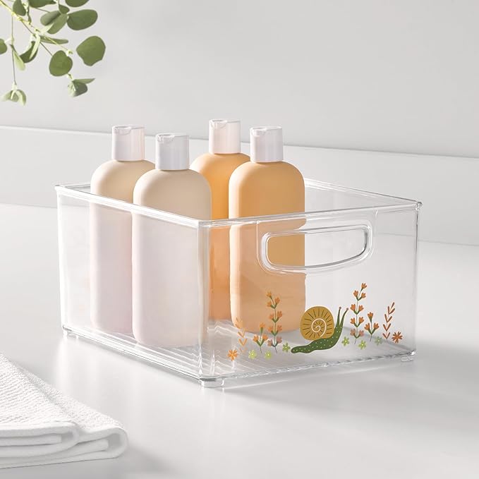 iDesign Bathroom Organizer Bin with Decorative Print - Stackable Plastic Storage Basket for Makeup & Vanity Organization - Clear