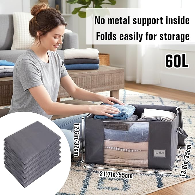 YGEOMER Blanket Storage Bags Clothes Organizers Closet Containers with Reinforced Handle for Clothing, Comforters, Bed Sheets, Pillows and Toys, Grey 60L 6 Pack