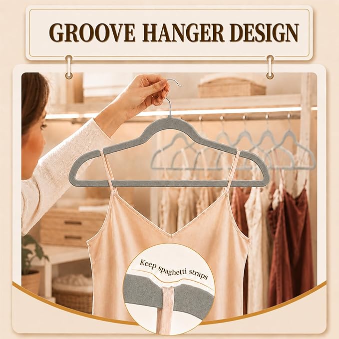 Velvet Hangers 50 Pack, Non Slip Clothes Hangers with Shoulder Notches, Slim Felt Hanger with 360° Swivel Hook, Space-Saving, for Coat, Shirt, Pants, Dress, Suits, Gray