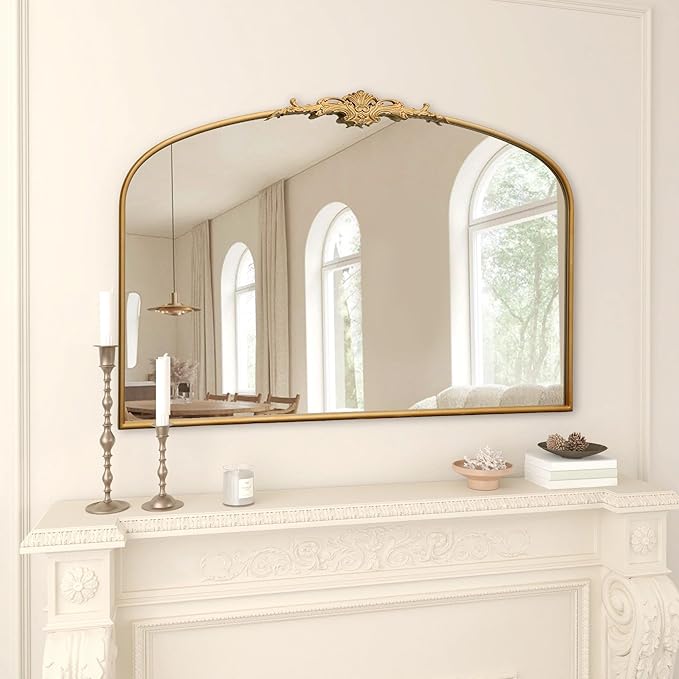Besdomus Ornate Arched Large Mirror: 48"x33" French Oversize Gold Vintage Vanity Decorative Mirror - Baroque Traditional Antique for Fireplace/Bathroom/Living Room - Home Decor for Homemakers