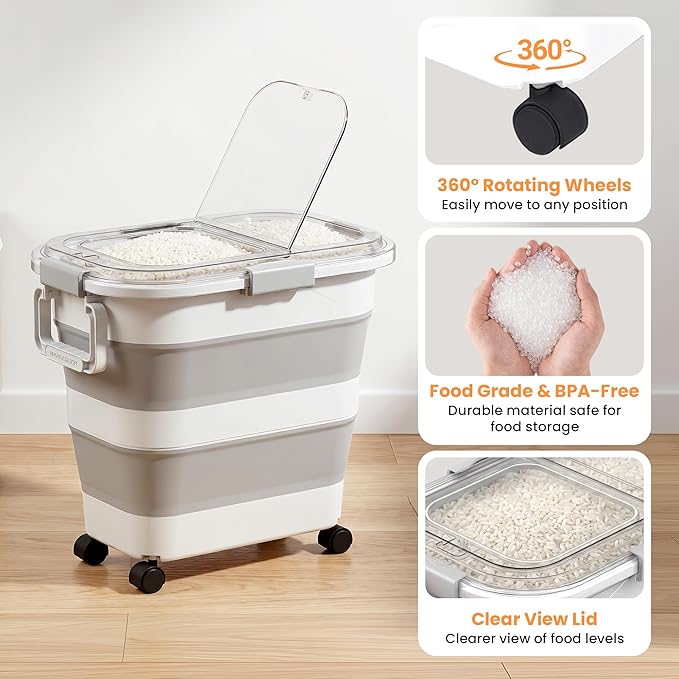 30 Lbs Rice Storage Container with Wheels, Collapsible Airtight Dog Food Storage Container with Transparent Lid, Measuring Cup, Scoop, Handle, BPA Free Rice Holder for Pet Food, Grain, Bird Seed