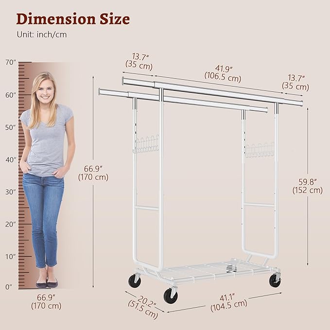 FAVOOSTY Heavy Duty Clothes Rack for Hanging Clothes with Double Rods, Rolling & Extending Clothing Rack with Wheels, Garment Coat Rack Freestanding, Portable, White