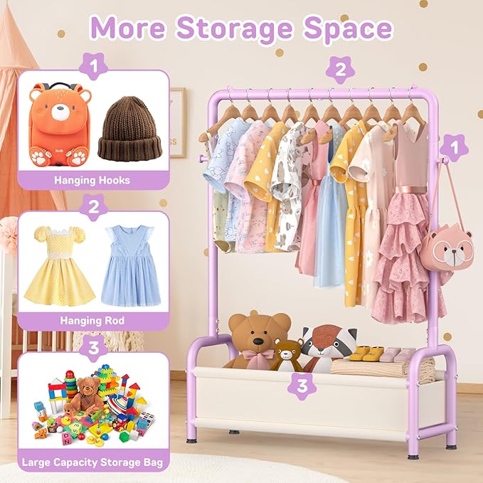 Kids Clothing Rack with Storage Shelf, Kids Dress Up Storage for Coats, Small Baby Garment Rack for Hanging Clothes, Toddler Wardrobe Closet Organizer (Purple, Classic)
