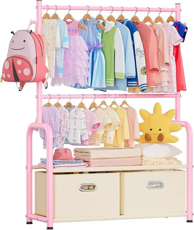 Kids Dress Up Rack Small Baby Closet Organizer for Hanging Clothes Kids Clothes Rack with 2 Tier Storage Racks and 2 Adjustable Hanging Poles (Upgrad, Pink)