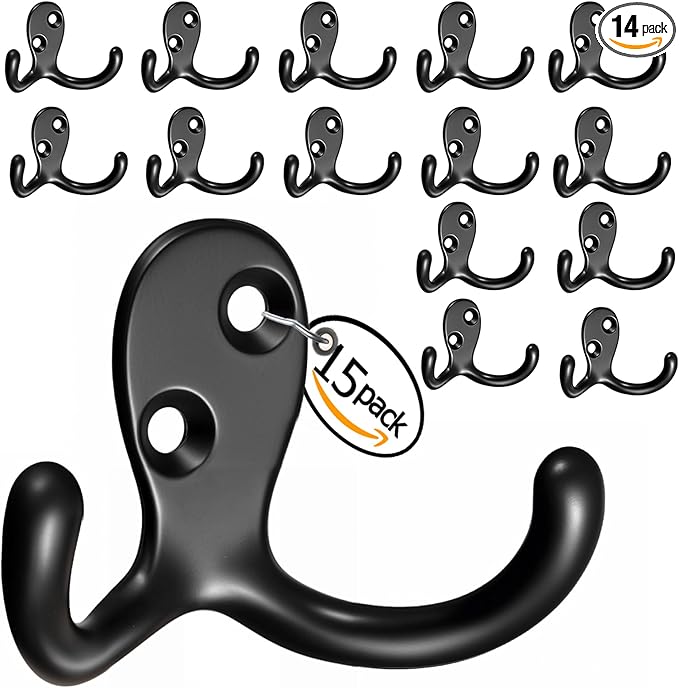 Coat Hooks Wall Hooks for Hanging - 15 Pack Black Double Prong Hook Wall Mounted - Great for Living Room, Bedroom, Entryway, Closet for Coat, Bag, Towel, Hat, Key, Cup, Heavy-Duty, Easy to Install