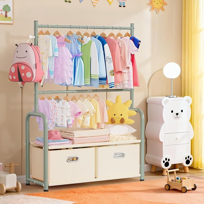 Kids Clothes Rack with 2 Tier Storage Racks and 2 Adjustable Hanging Poles, Small Baby Closet Organizer for Hanging Clothes, Kids Dress Up Rack (Upgrad, Green)