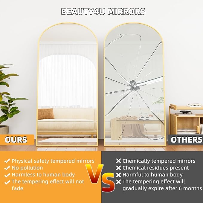 Beauty4U 79" x 39" Arched Full Length Mirror with Stand, Large Floor Mirror Full Body Tempered Glass, Gold Metal Frame Standing, Leaning or Wall Mounted Mirror for Bedroom, Living Room, Dressing Room