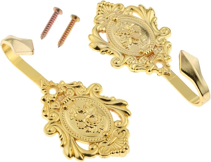 2Pcs Wall Hooks Gold Rose Pattern Carved Vintage Drapery Clothes Key Hook Bathroom Bedroom Multi-Function Decorative Hook with Screws