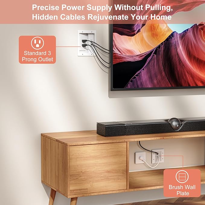 in-Wall TV Cable Concealer Kit with Recessed Power – 2 AC Outlet, 9ft Cord, and Hand Saw – Easy, Safe Cable Management for Organized TV and Home Theater Setups，Easy Installation Kit，Multiple Scenarios