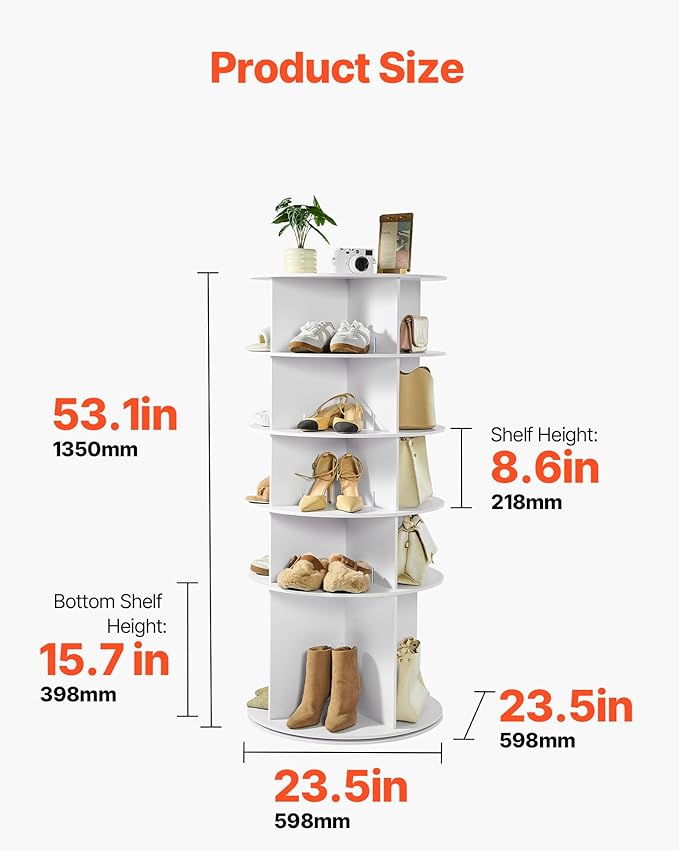 VEVOR 5 Tiers Rotating Shoe Rack Tower, 360° Spinning Shoe Rack, Revolving Storage Round Carousel Display, Freestanding Lazy Susan Organizer Display for Bedroom, Living Room, Entryway, Closet, White
