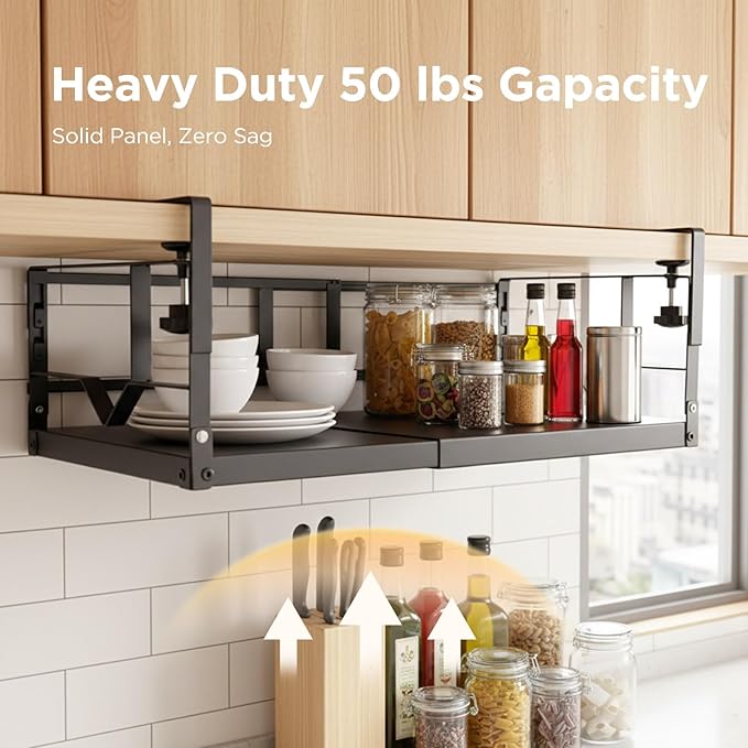 WELTOKE Under Shelf Storage Basket Organizer, Expandable Under Cabinet Shelf,Heavy Duty Metal Cabinet Hanging Shelf For Kitchen Cupboard Cabinet Pantry Laundry Desk Bookshelf Garage, Black(1 Pack)