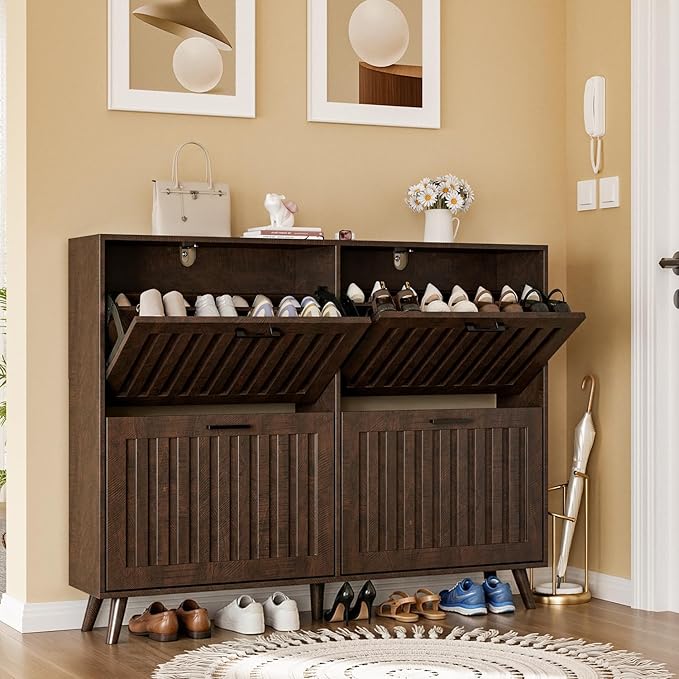 Shoe Storage Cabinet with 4 Flip Drawers, Modern Freestanding Organizer with Adjustable Shelf, Narrow Shoe Rack Cabinet for Entryway, Walnut