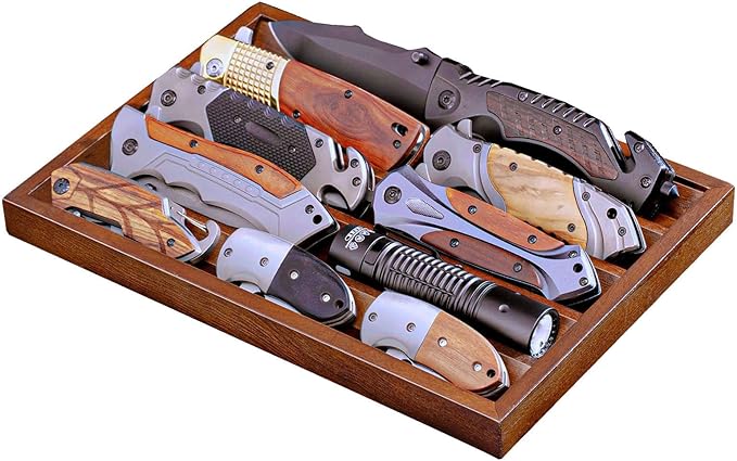 Large Pocket Knife Display Case Knife Holder for Pocket Knife Case Storage, Edc Tray Fits Edc Flashlight (Walnut,1 Pack)