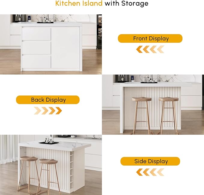 homary Kitchen Island with Storage & Wine Rack, 50" Modern White Kitchen Cabinet with Wood Top, Large Fixed Island with 3 Drawers & 6 Adjustable Shelves