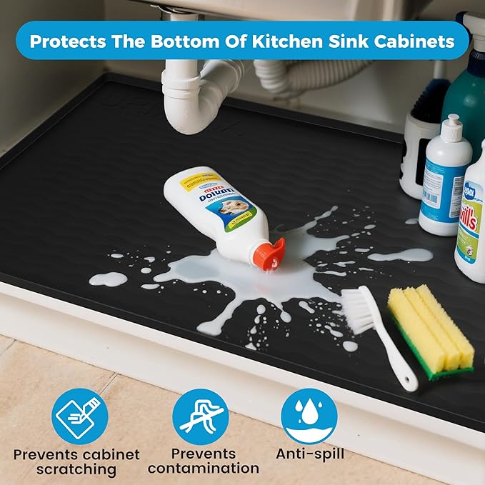 URMONA 28'' x 22'' Waterproof Silicone Under Sink Mat Cabinet and Counter Protector, Shelf Liner for Kitchen and Bathroom, Storage and Organizers, Litter Mat, Pet Cat Puppy Essentials(Onyx)