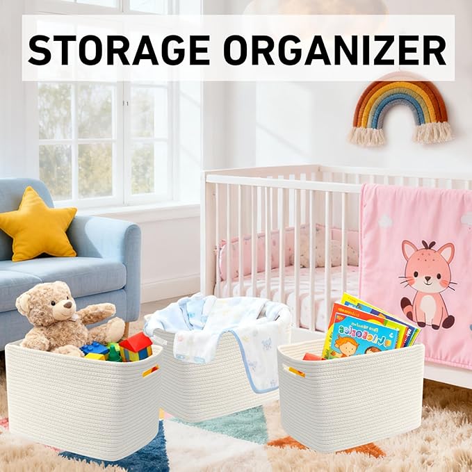 3 Pack Woven Rope Storage Baskets for Organizing,13.5"×11"×9.5" Storage Bins for Shelves,Perfect for Toys,Books,Towels,Clothes,Empty Gift Baskets for Nursery,Living Room&Bedroom(White)