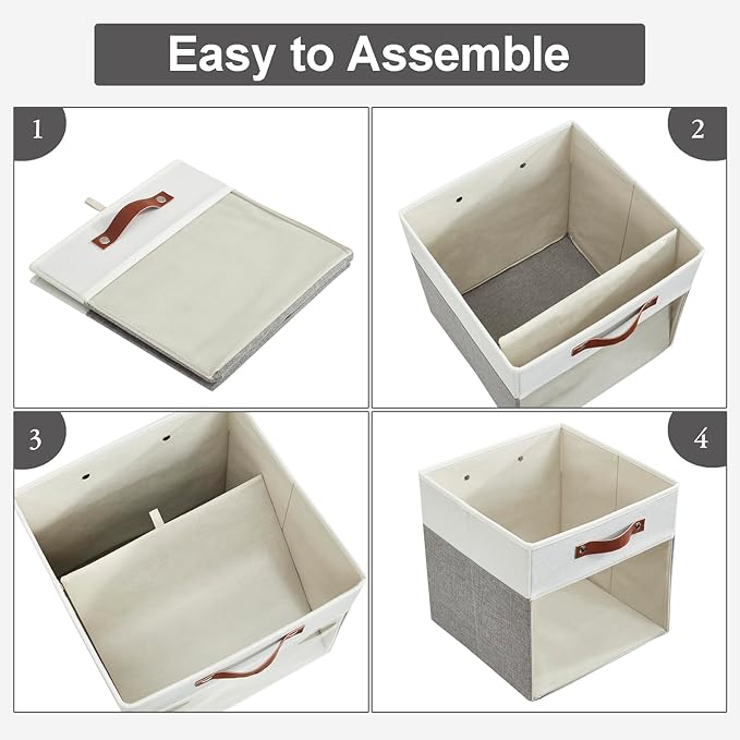 Bagnizer Storage Cubes, 4 Pack Linen Foldable Storage Bins with Clear Window and 2 Handles, 13x15x13 Storage Cube Bins for Shelf Closet, Kallax, Clothes, Books - (Gray / Off-White)