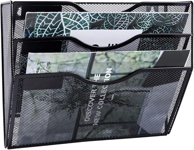 EASEPRES 3 Pocket Mesh Hanging Wall File Organizer, Wall Mounted Mail Paper Document Folder Holder, Clipboard Storage Organization Magazine Rack with Nametag Label for Office Home School, Black