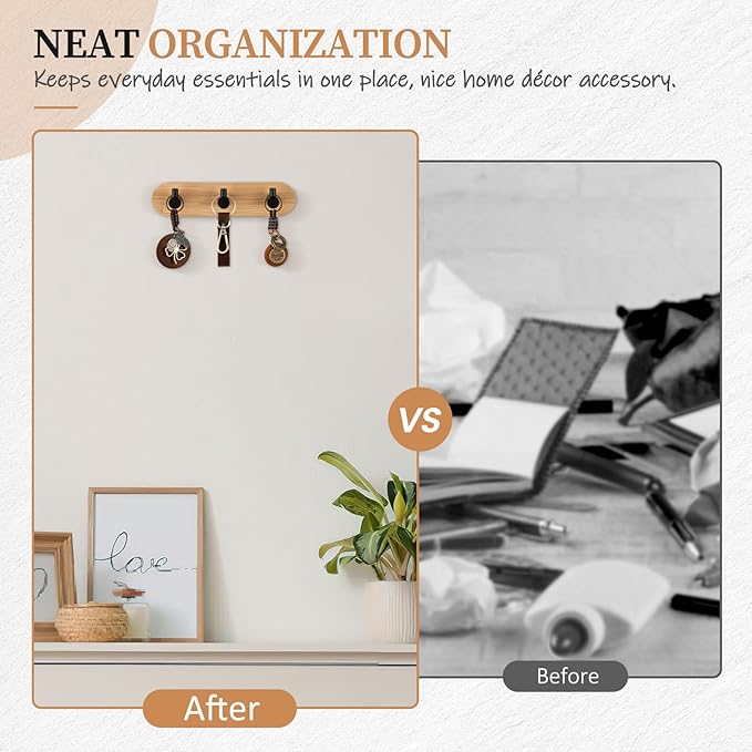 Nekon Bamboo Key Holder for Wall, Wall Mount Key Organizer with 3 Hooks, Decorative Coat Rack for Entryway, Kitchen, Bedroom, Bathroom (Black Hooks)