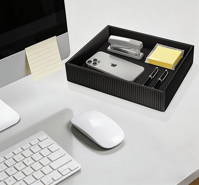 SITHON Valet Tray Desk Organizer, PU Leather Catchall Bedside Vanity Tray Nightstand Caddy Coin Box Key Jewelry Storage Organizer, Graduation Day Father's Gift, Stripe Black