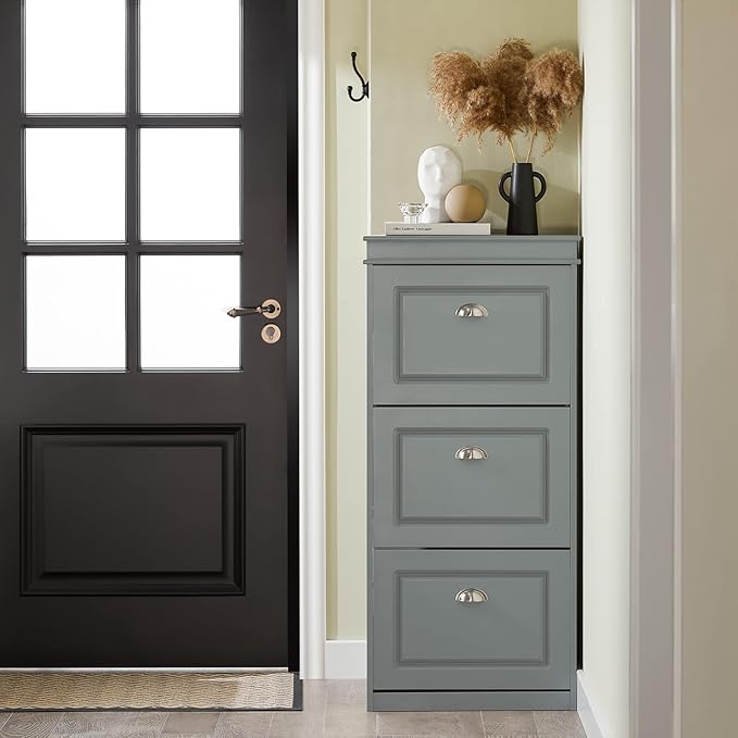 Haotian FSR94-HG, Grey Shoe Storage Cabinet with 3 Flip Drawers, Freestanding Shoe Rack, Shoe Storage Cupboard Organizer(9.4" D x 20.9" W x 46.1" H)