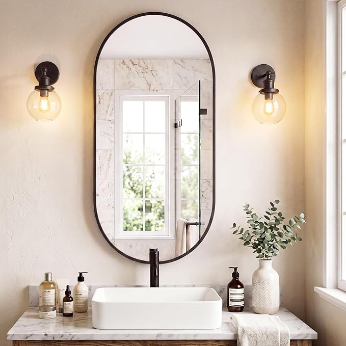 Sweetcrispy 24" x 48" Black Bathroom Mirror for Wall, Oval Wall Mirror with Metal Frame, Tempered Glass, Modern Vanity Mirror for Over Sink, Living Room, Bedroom, Entryway, Horizontal or Vertical