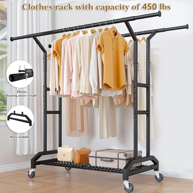 Wiracks Heavy Duty Clothes Rack Double Clothing Rack 450lbs Capacity 3" Industrial Wheels 51"-71" L X 19.7" D X 73"-79" H Stury Rolling Clothes Rack Adjustable Rolling Garment Rack Black