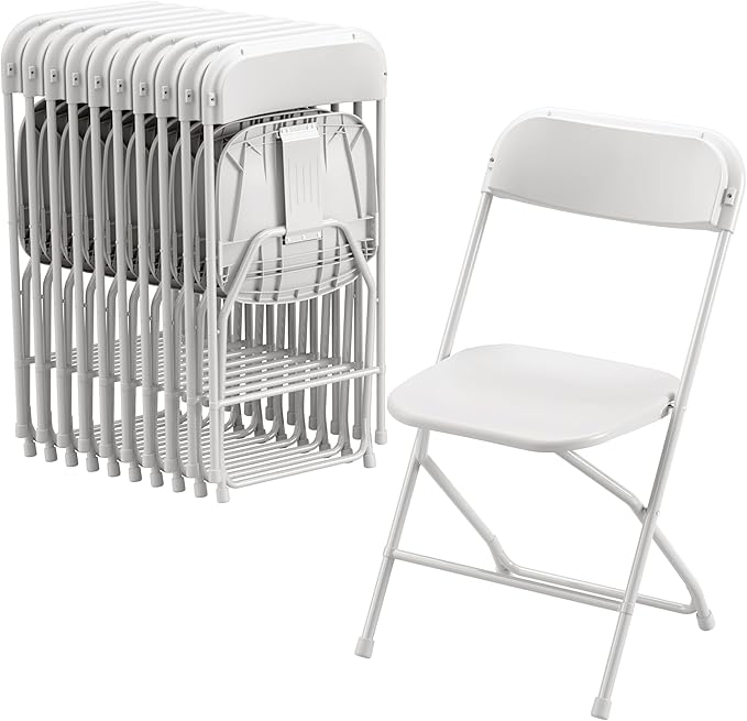 Allpop 10 Pack Plastic Folding Chair, 300lb Capacity, Portable Commercial Chair Seat with Steel Frame for Wedding Party Office Indoor Outdoor Events, Stackable, White