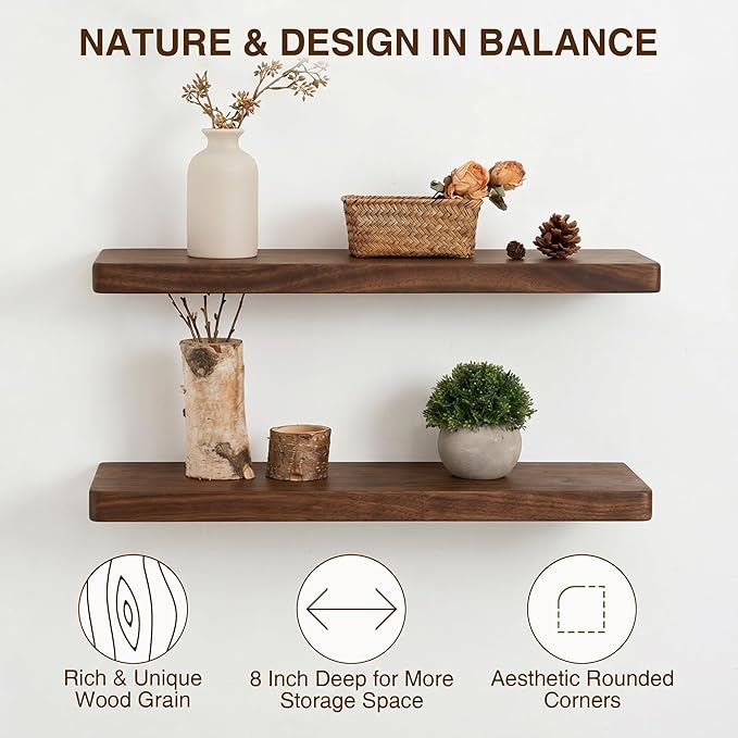 36 Inch Floating Shelves, Solid Wood Wall Shelves, 8 Inch Deep Floating Shelf – for Bathroom, Bedroom, Living Room, Kitchen, Home Decor & Storage, Heavy-Duty Wooden Shelf Wall-Mounted, Set of 2