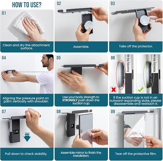 TAILI Shower Mirror Fogless for Shaving, Anti Fog Shaving Mirror with Razor Holder NO-Drilling,Removable,Shatterproof & Waterproof,Wall Mounted Bathroom Accessories with Powerful Suction(Grey)
