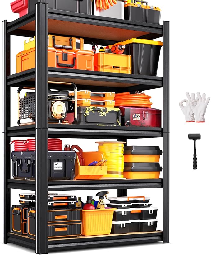 Storage Shelves,Adjustable Shelving Unit,5T Wood Garage Shelving ,Heavy Duty Garage Storage Shelves, Quick-Install Metal Shelving Unit Utility Rack Shelf for Warehouse, Pantry71.2’H*31.5’W*13.8’D