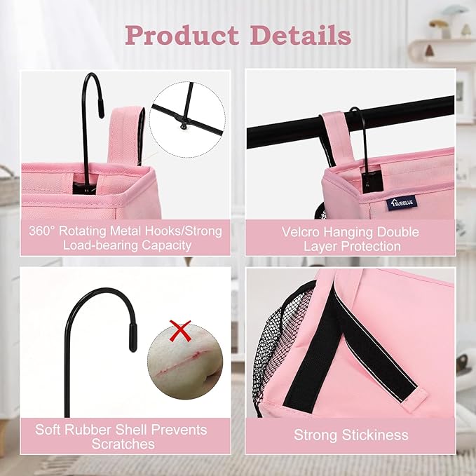 Surblue Bedside Organizer with Hook & Caddy Hanging Storage Bag with Adjustable Straps and Water Bottle Holder for Home, College, Dorm Bunk Bed & Crib Bed Rails Accessories, Pink