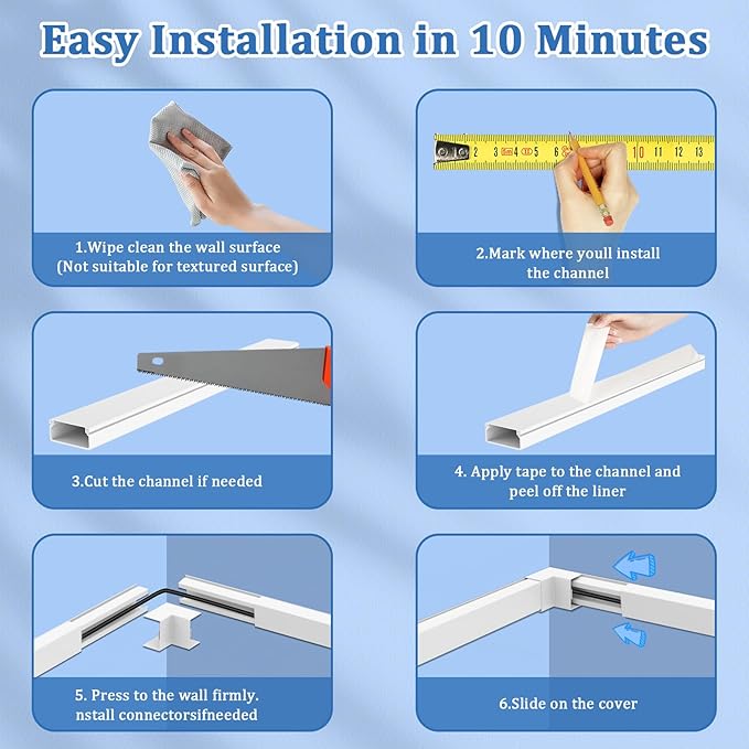 Small Wire Covers on Wall - One Cord Channel Cable Management System - Cable Cover on Wall for Home and Office, 8-Pack 125 inch, White