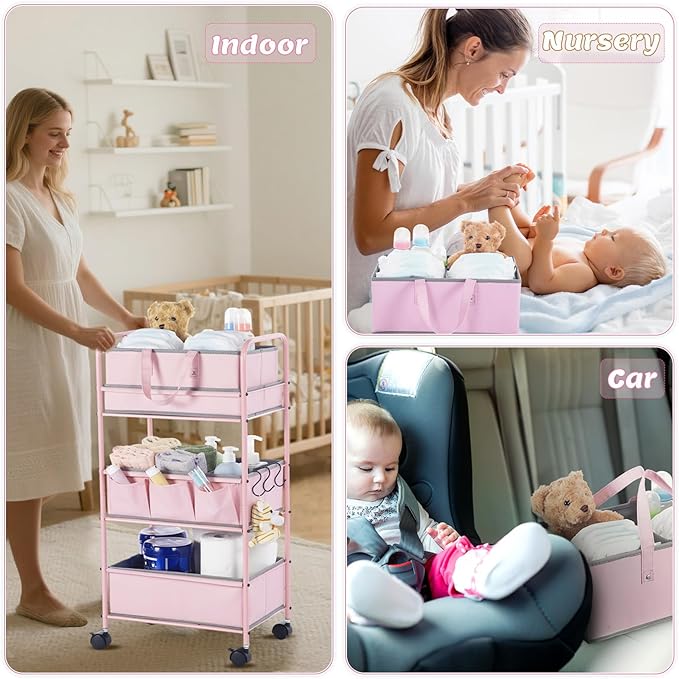 Honeydak 2in1 Baby Diaper Caddy Organizer Cart 3 Tier Large Capacity Metal Utility Bedside Rolling Cart with Divider Newborn Registry Nursery Essential Must Have Crib Bedroom Baby Shower(Pink)