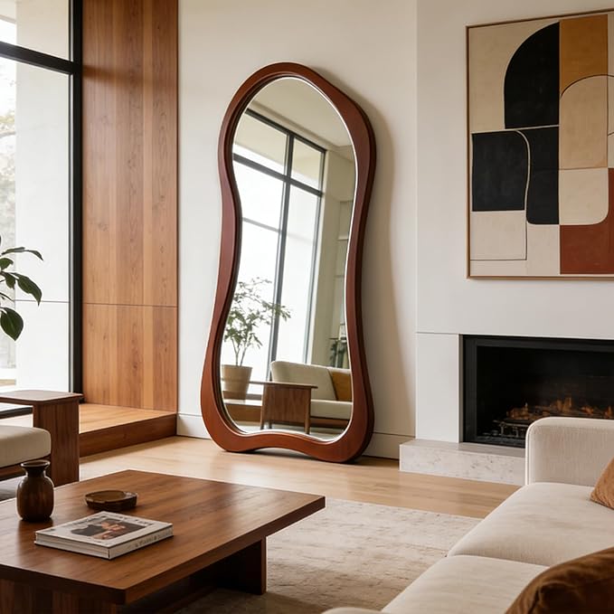 Large Irregular Mirror, 63"x30" Organic Floor Mirror with Solid Wood Frame, Asymmetrical Aesthetic Mirrors for Living Room Entryway Hallway Bedroom Cloakroom, Leaning/Wall-Mounted