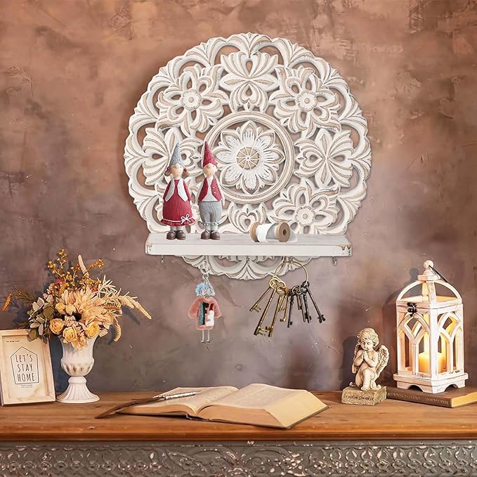 11.6-inch Round Mandala Key Holder for Wall - White Vintage Floral Key Holder with Hooks & Shelf - Farmhouse Decorative Entryway Organizer for Keys, Masks & Mail - Rustic Boho Wall Decor