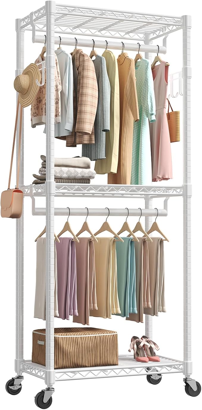 NEWBULIG Heavy Duty Adjustable Clothes Rack with Wheels, Adjustable Rolling Metal Freestanding Garment Closet Organizer with Double Rods & 2 Side Hooks for Hanging Clothes, 29" x 15" x 75", White