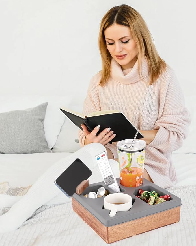 Couch Cup Holder Tray, Silicone Wooden Couch Caddy with Cup Holder for Snacks, Drinks, Remotes, Waterproof Cup Holder for Couch, Organizer, Couch Drink Holder, Sofa Cup Holder