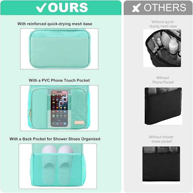 Portable Shower Caddy College Dorm Essentials(Full Size Bottle Compatible), Toiletry Bag for Women Men, Hanging Makeup Organizer Bag for Travel,Gym & Camping, Mint Green