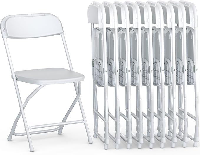 Our Modern Space 10 Pack Foldable Plastic Chair | Folding & Stackable | 350 lbs Capacity Steel Frame Seats for Indoor Outdoor | Commercial Use Events Wedding Party Bulk Picnic Kitchen Dining - White