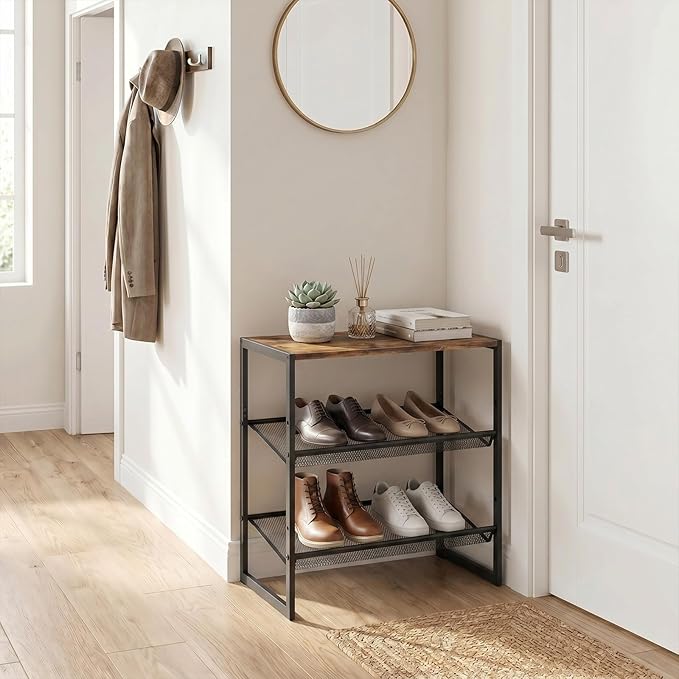 Shoe Rack，3 Tier Shoe Storage Organizer，Sturdy Shoe Shelf,Boot Rack with a Fine Mesh Shelves，for Entryway, Living Room, Hallway，Small Space,11.8 x 16.5 x 19.7 Inches,Brown