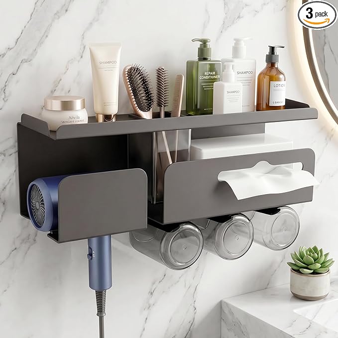 Hair Dryer Holder with 3-Cup Rack-Multifunctional Wall Mounted Shelf for Bathroom,Organizes Toothbrush,Curling Iron,Straightener&Hair Tools,Rustproof (Gray)